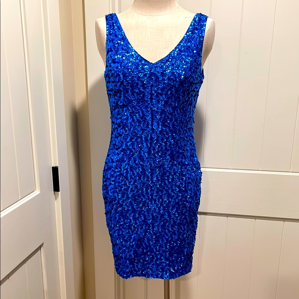 PRETTY GUIDE Size Large Blue Sparkling Embellished Lined Holiday Party Dress